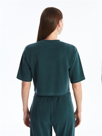Brest - Modal Oysho Kumaş Düz Crop Tshirt - Yeşil