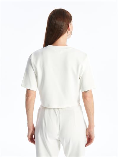 Brest - Modal Oysho Kumaş Düz Crop Tshirt - Ekru