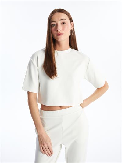 Brest - Modal Oysho Kumaş Düz Crop Tshirt - Ekru