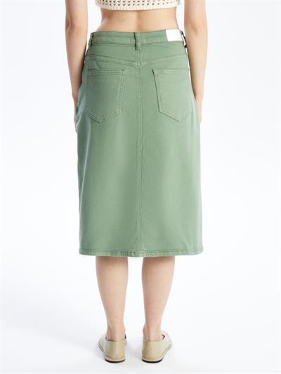 Cannes - Düz Yırtmaçlı Midi Denim Etek - Haki