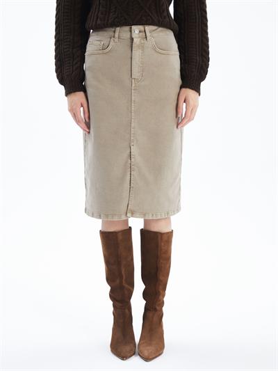 Cannes - Yırtmaçlı Yüksek Bel Midi Boy Denim Etek - Bej Renk