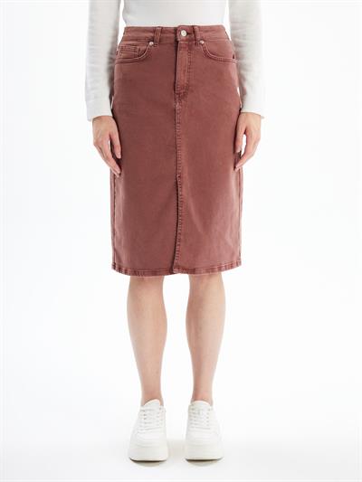 Cannes - Yırtmaçlı Yüksek Bel Midi Boy Denim Etek - Bordo Renk