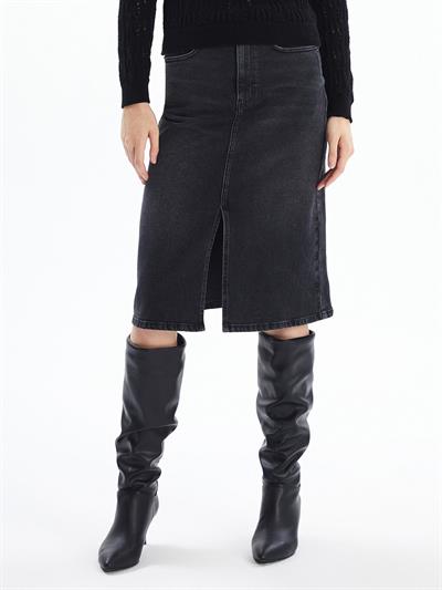 Cannes - Yırtmaçlı Yüksek Bel Midi Boy Denim Etek - Antrasit Renk