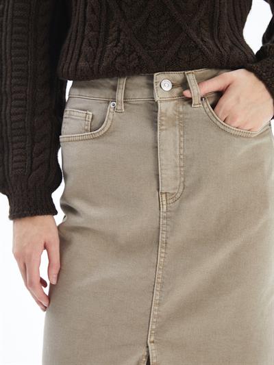 Cannes - Yırtmaçlı Yüksek Bel Midi Boy Denim Etek - Bej Renk