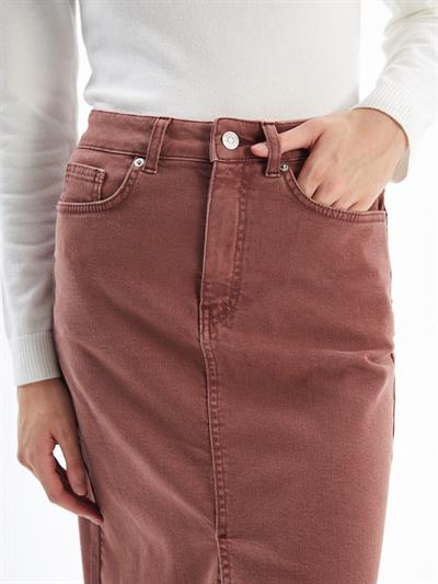 Cannes - Yırtmaçlı Yüksek Bel Midi Boy Denim Etek - Bordo Renk