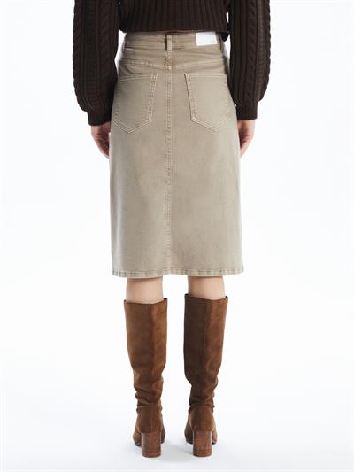 Cannes - Yırtmaçlı Yüksek Bel Midi Boy Denim Etek - Bej Renk