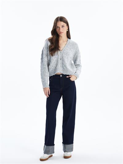 Cardigan - Örgü ve İnci Düğme Detaylı Uzun Kollu Hırka - Gri Renk