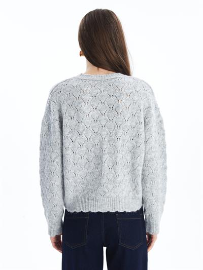 Cardigan - Örgü ve İnci Düğme Detaylı Uzun Kollu Hırka - Gri Renk