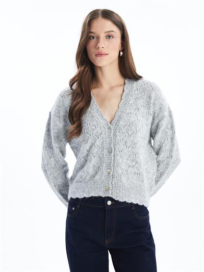 Cardigan - Örgü ve İnci Düğme Detaylı Uzun Kollu Hırka - Gri Renk