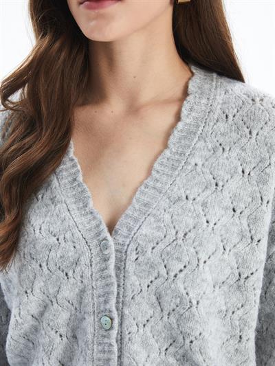Cardigan - Örgü ve İnci Düğme Detaylı Uzun Kollu Hırka - Gri Renk