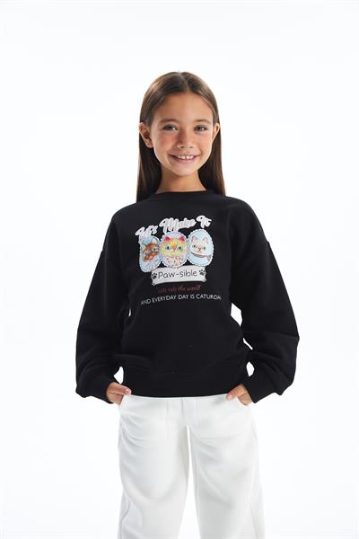 Caturday - Bisiklet Yaka Dijital Baskılı Sweatshirt - Siyah Renk