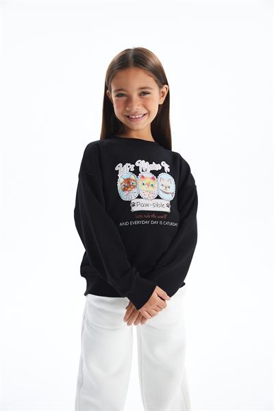 Caturday - Bisiklet Yaka Dijital Baskılı Sweatshirt - Siyah Renk