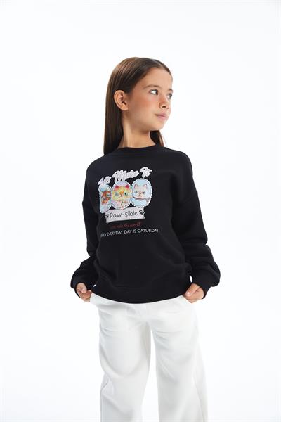 Caturday - Bisiklet Yaka Dijital Baskılı Sweatshirt - Siyah Renk