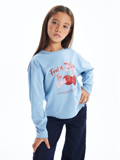 Cherry - Bisiklet Yaka Dijital Baskılı Uzun Kollu Tshirt - Mavi Renk