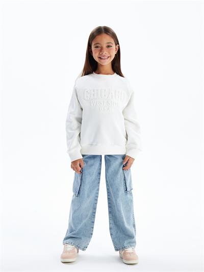 Chicago - Bisiklet Yaka Dijital Baskılı Sweatshirt - Ekru Renk