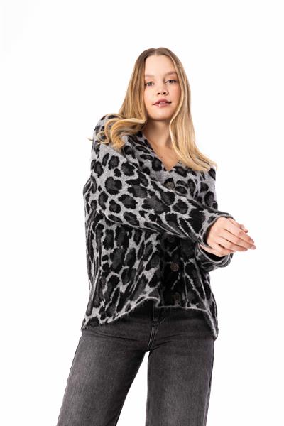Cieza - Leopar Desenli V Yaka Düğme Detaylı Triko Hırka - Leopar Renk
