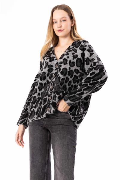 Cieza - Leopar Desenli V Yaka Düğme Detaylı Triko Hırka - Leopar Renk