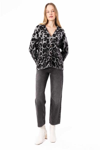 Cieza - Leopar Desenli V Yaka Düğme Detaylı Triko Hırka - Leopar Renk