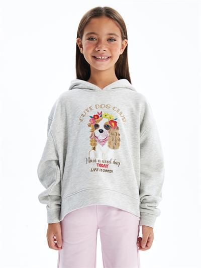 Cute Dog - Kapşonlu ve İçi Şardonlu Dijital Baskılı Sweatshirt - Gri Renk