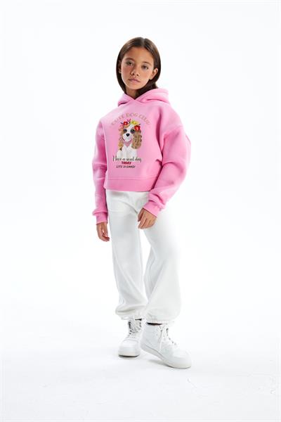 Cute Dog - Kapşonlu ve İçi Şardonlu Dijital Baskılı Sweatshirt - Pembe Renk