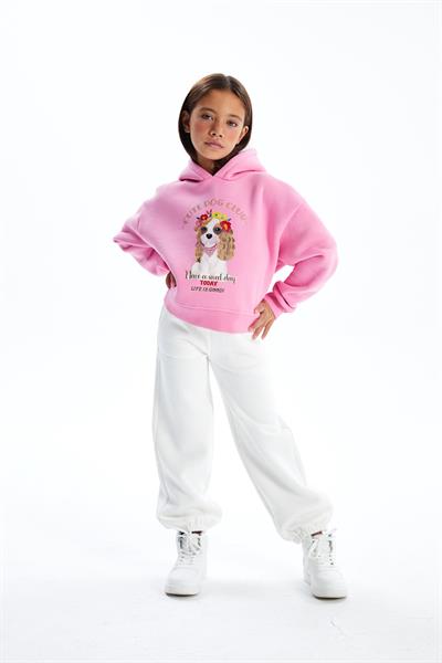 Cute Dog - Kapşonlu ve İçi Şardonlu Dijital Baskılı Sweatshirt - Pembe Renk