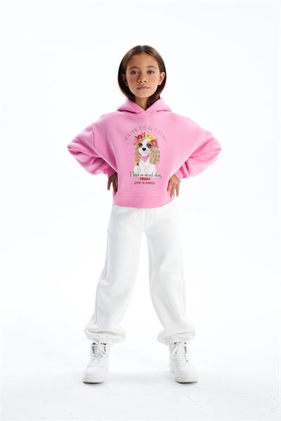 Cute Dog - Kapşonlu ve İçi Şardonlu Dijital Baskılı Sweatshirt - Pembe Renk