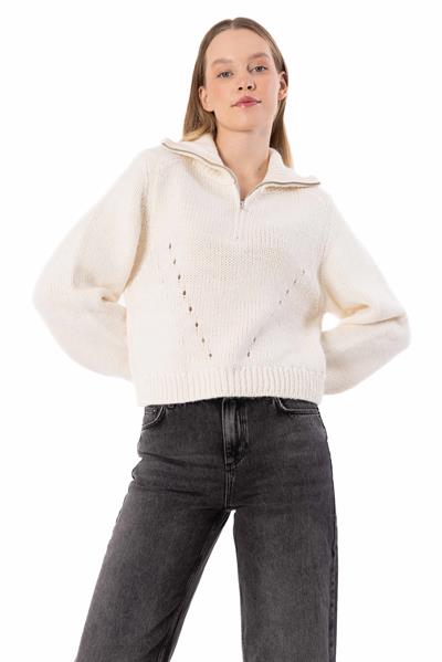 Dublin - Yakası Fermuar Detaylı Dik Yaka Triko Kazak - Ekru Renk