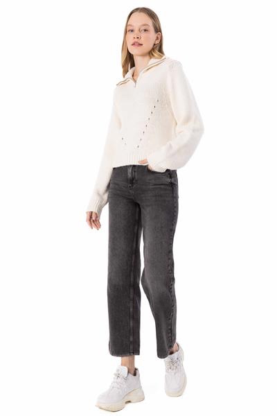 Dublin - Yakası Fermuar Detaylı Dik Yaka Triko Kazak - Ekru Renk