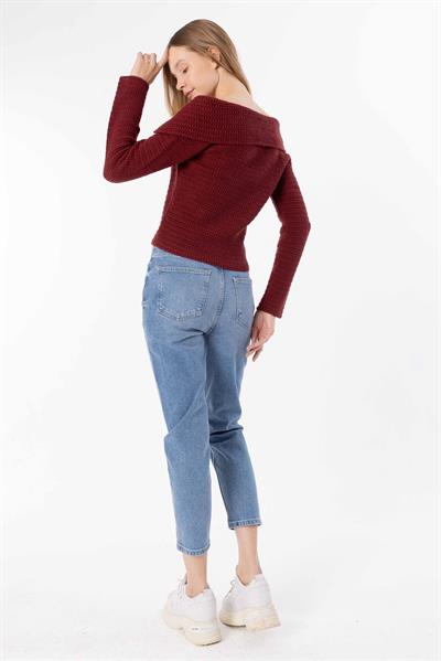 Espinho - Kayık Yaka ve Düğme Detaylı Triko Bluz - Bordo Renk