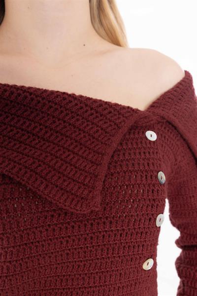 Espinho - Kayık Yaka ve Düğme Detaylı Triko Bluz - Bordo Renk