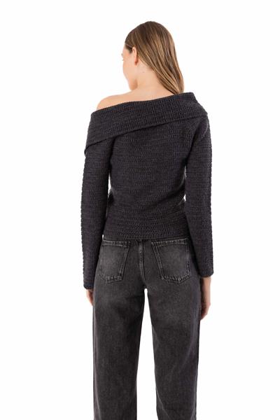 Espinho - Kayık Yaka ve Düğme Detaylı Triko Bluz - Antrasit Renk