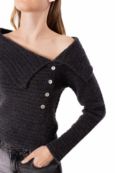Espinho - Kayık Yaka ve Düğme Detaylı Triko Bluz - Antrasit Renk