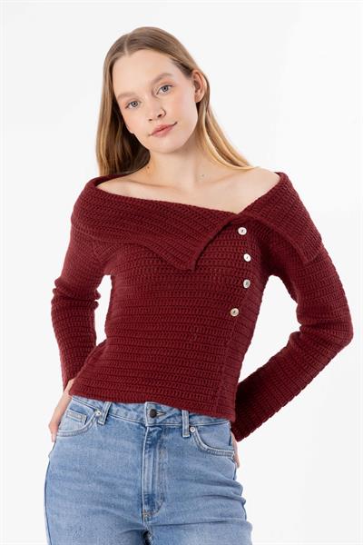 Espinho - Kayık Yaka ve Düğme Detaylı Triko Bluz - Bordo Renk