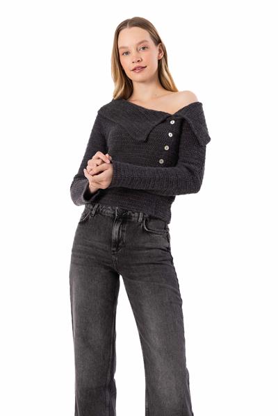 Espinho - Kayık Yaka ve Düğme Detaylı Triko Bluz - Antrasit Renk