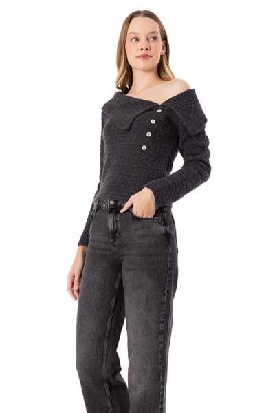 Espinho - Kayık Yaka ve Düğme Detaylı Triko Bluz - Antrasit Renk