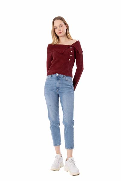 Espinho - Kayık Yaka ve Düğme Detaylı Triko Bluz - Bordo Renk