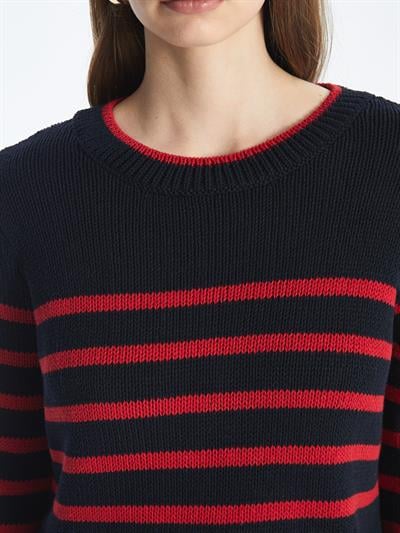 Evora - Örgü ve Gömlek Detaylı Uzun Kol Triko Kazak - Lacivert Stripe Renk