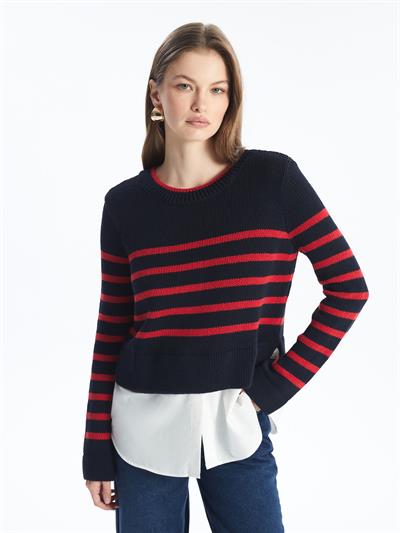 Evora - Örgü ve Gömlek Detaylı Uzun Kol Triko Kazak - Lacivert Stripe Renk