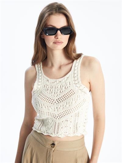 Fas - Örgü Detaylı Kolsuz Triko Bluz - Ekru Renk