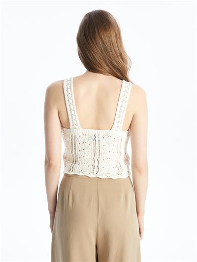 Fas - Örgü Detaylı Kolsuz Triko Bluz - Ekru Renk