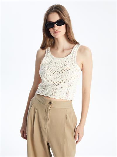 Fas - Örgü Detaylı Kolsuz Triko Bluz - Ekru Renk
