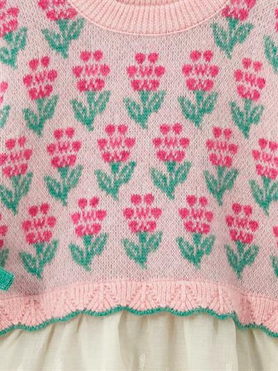 Floral Dress - Dokuma ve Örgü Detaylı  Astarlı Triko Elbise - Pembe Renk