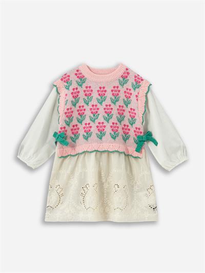 Floral Dress - Dokuma ve Örgü Detaylı  Astarlı Triko Elbise - Pembe Renk