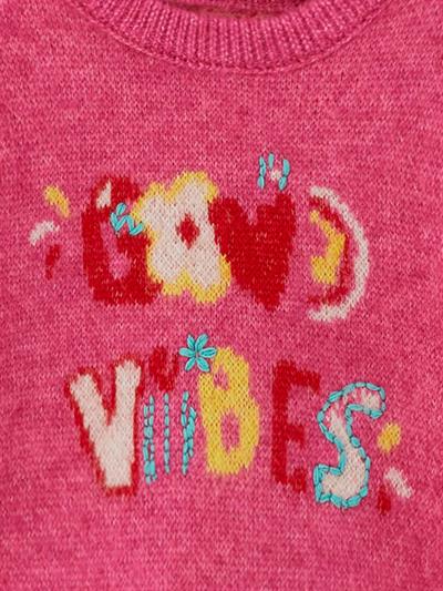 Floral Text - Bisiklet Yaka Yazı Detaylı Triko Kazak  - Pembe Renk