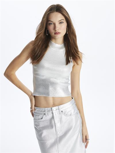 Floransa- Boğazlı Kolsuz Baskılı Triko- Silver