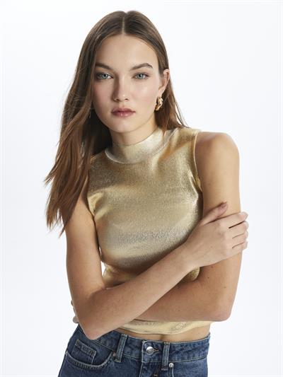 Floransa- Boğazlı Kolsuz Baskılı Triko- Gold