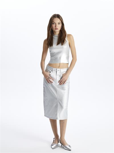 Floransa- Boğazlı Kolsuz Baskılı Triko- Silver