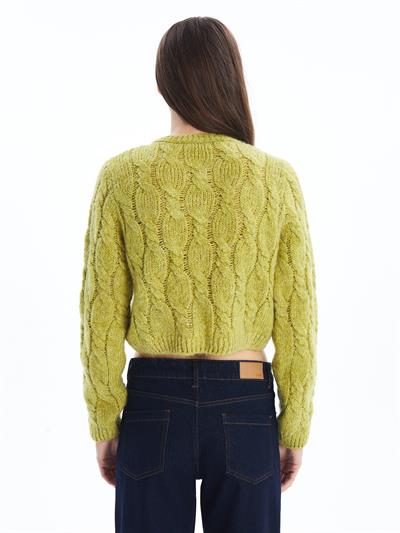 Flores - Örgü ve Düğme Detaylı Uzun Kollu Hırka - Yeşil Renk