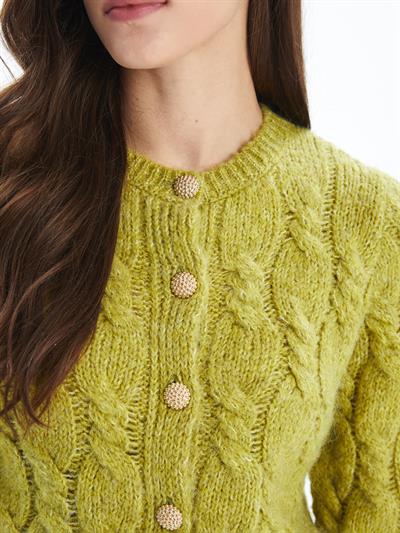 Flores - Örgü ve Düğme Detaylı Uzun Kollu Hırka - Yeşil Renk