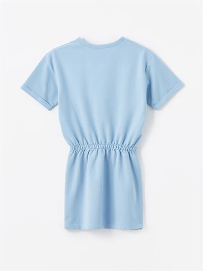 Florida Örme Detaylı Baskılı Kısa Kollu Elbise - Mavi